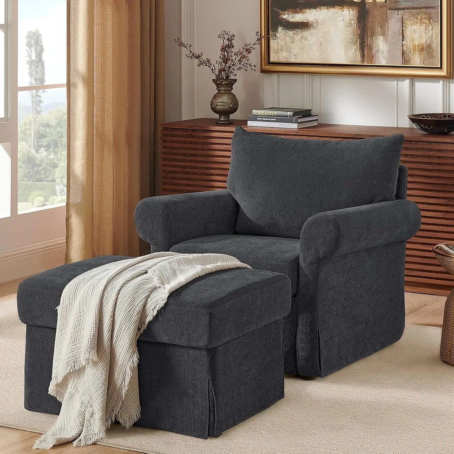 Modern Accent Chairs with Ottoman Set, Comfy Chenille Reading Armchair with Rolled Arms and Cushion Backrest, 35.8", Customized