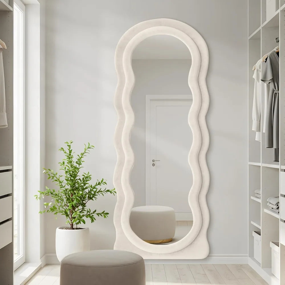 Full Length Mirror 63x24 Arched Wavy Full Body Wall Mounted Floor Mirror with Stand Ivory Flannel Frame Leaning Hanging