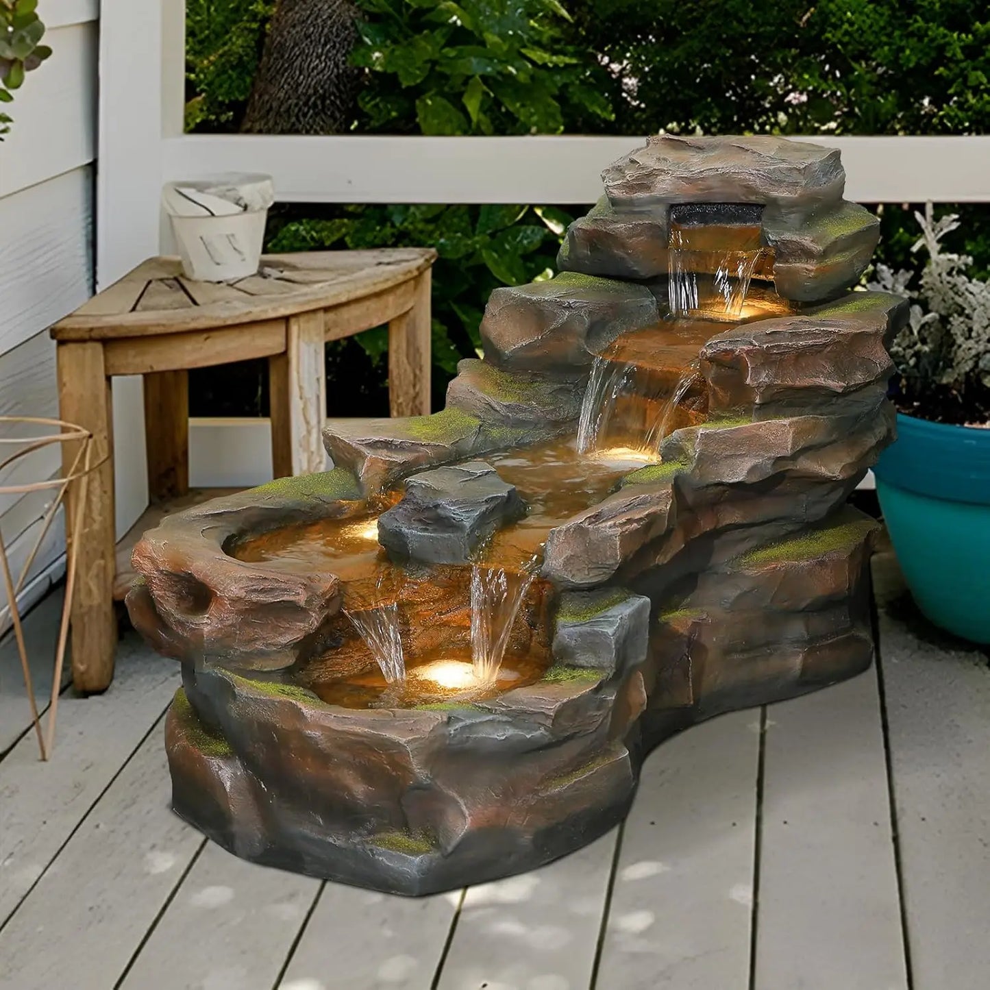 hot-sale productsBestsellerWater Fountain Outdoor Floor Standing 5-Tiers Rock Natural Waterfall Outdoor Garden Fountains with LE