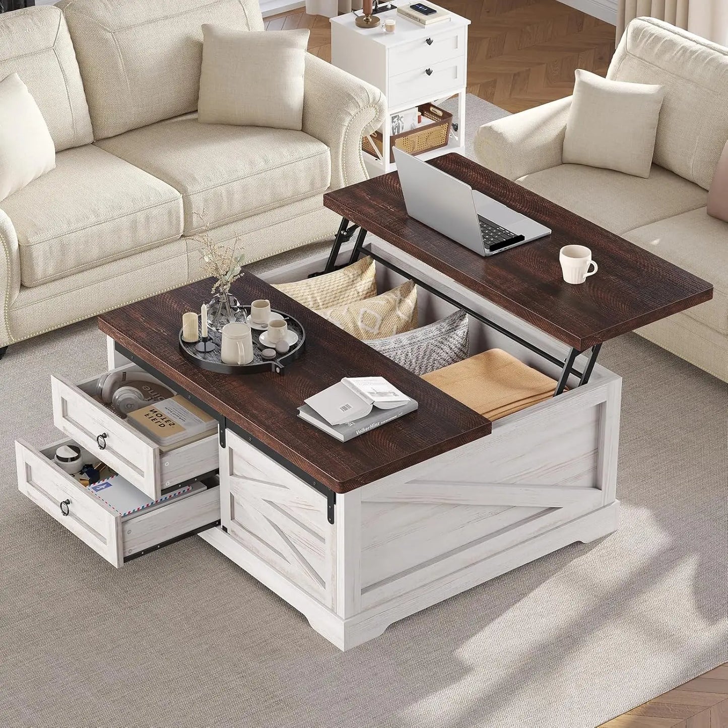 39.4'' Lift Top Coffee Table with Storage, Farmhouse Coffee Tables for Living Room, Square Coffee Table with Large, Customized