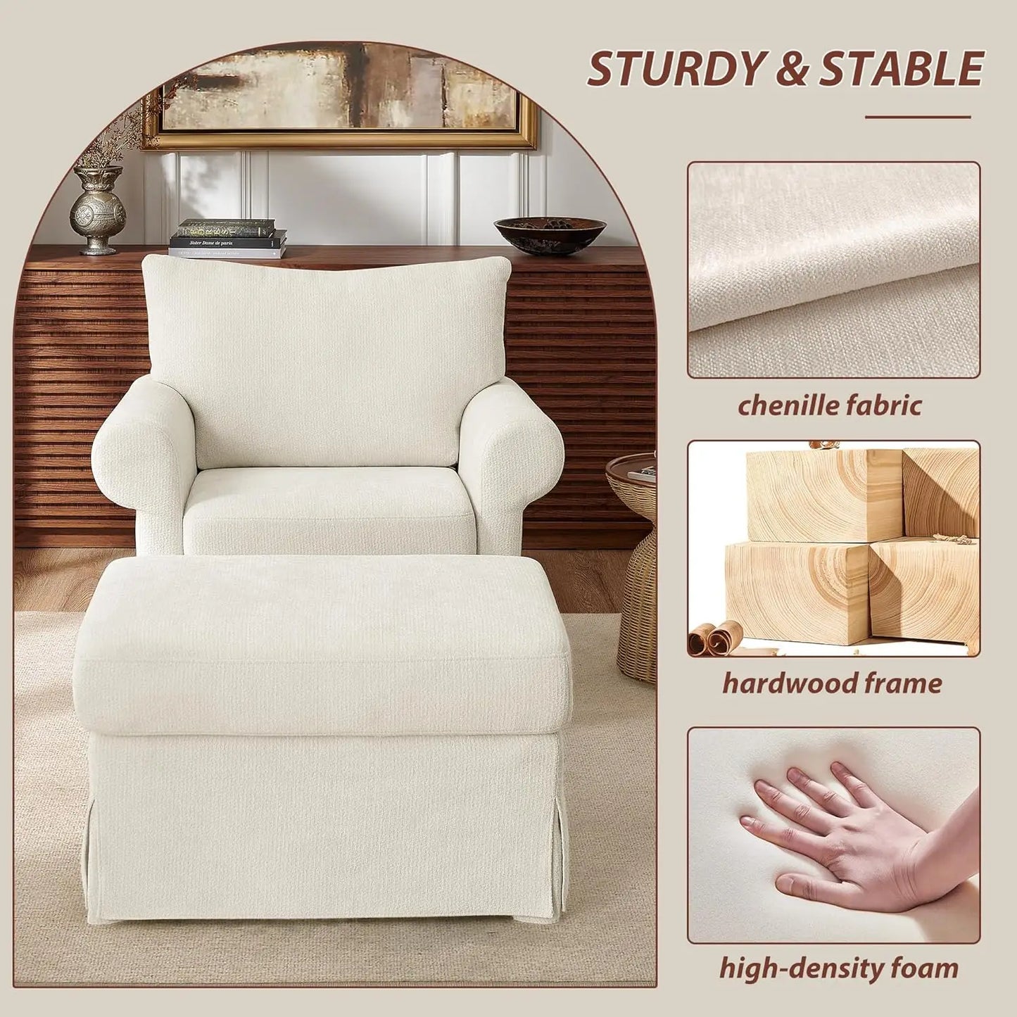 Modern Accent Chairs with Ottoman Set, Comfy Chenille Reading Armchair with Rolled Arms and Cushion Backrest, 35.8", Customized