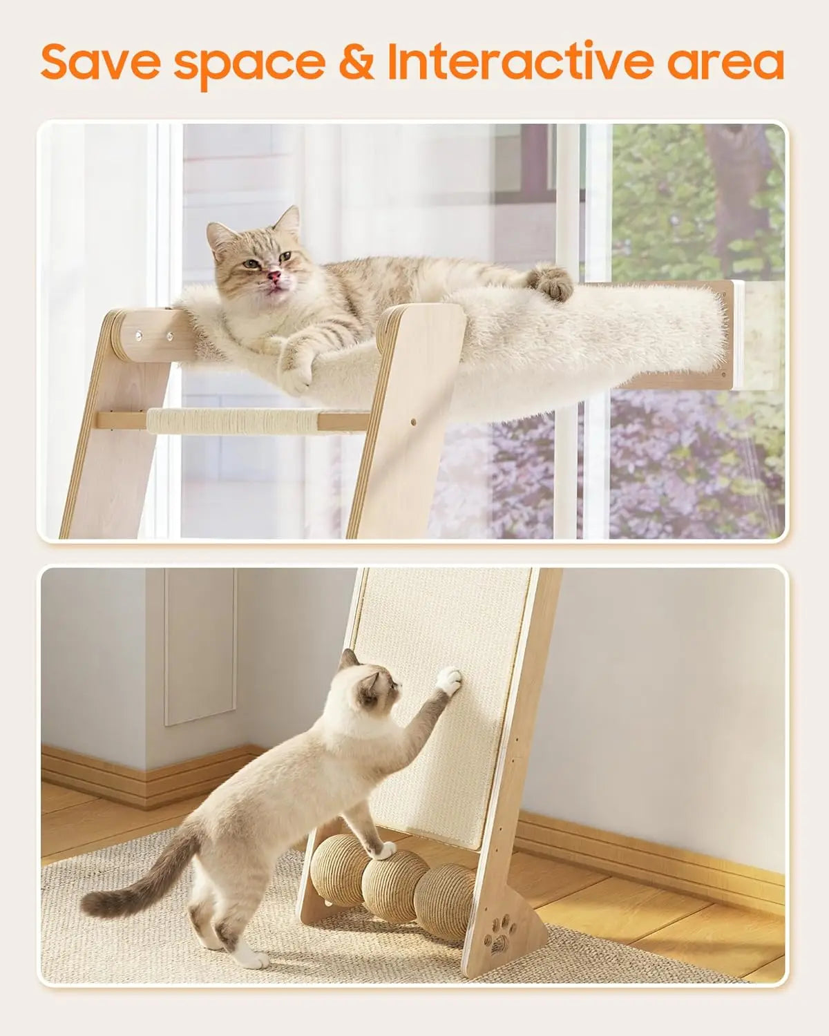 51'' Cat Window Perch with Sisal Pad, Extra-Wide Cat Scratcher with Suction Cups for Glass, Sisal Ball Hammock Ladder fo