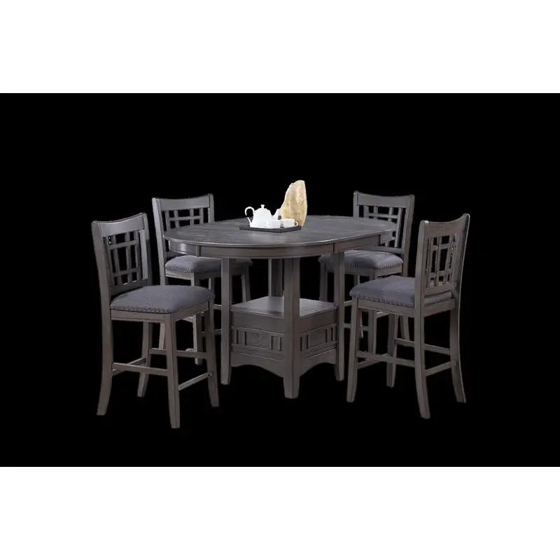 Contemporary 5pc Counter Height Dining Set, Round Table with Leaf & 4 Side Chairs, Gray Finish, Solid Wood