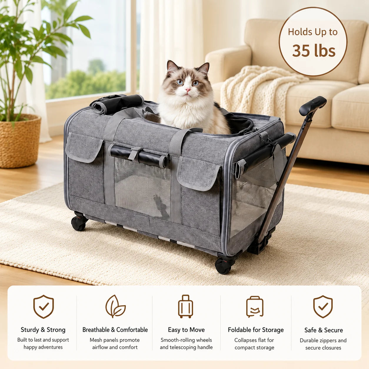 Cat Dog Carrier with Wheels for Travel, Detachable Rolling Pet Bag with Pull Handle and Shoulder Strap, Small Medium Pets