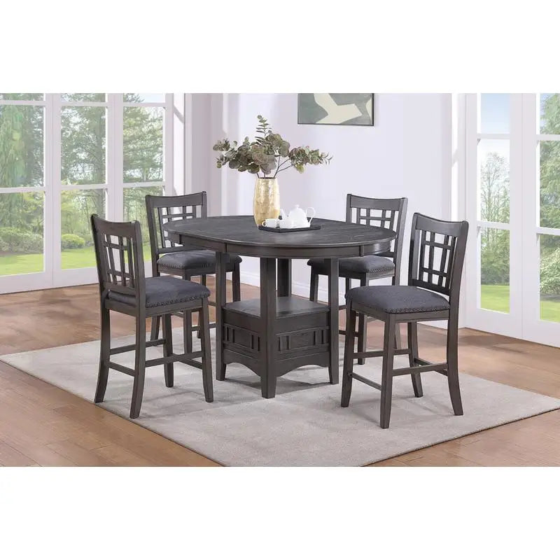Contemporary 5pc Counter Height Dining Set, Round Table with Leaf & 4 Side Chairs, Gray Finish, Solid Wood