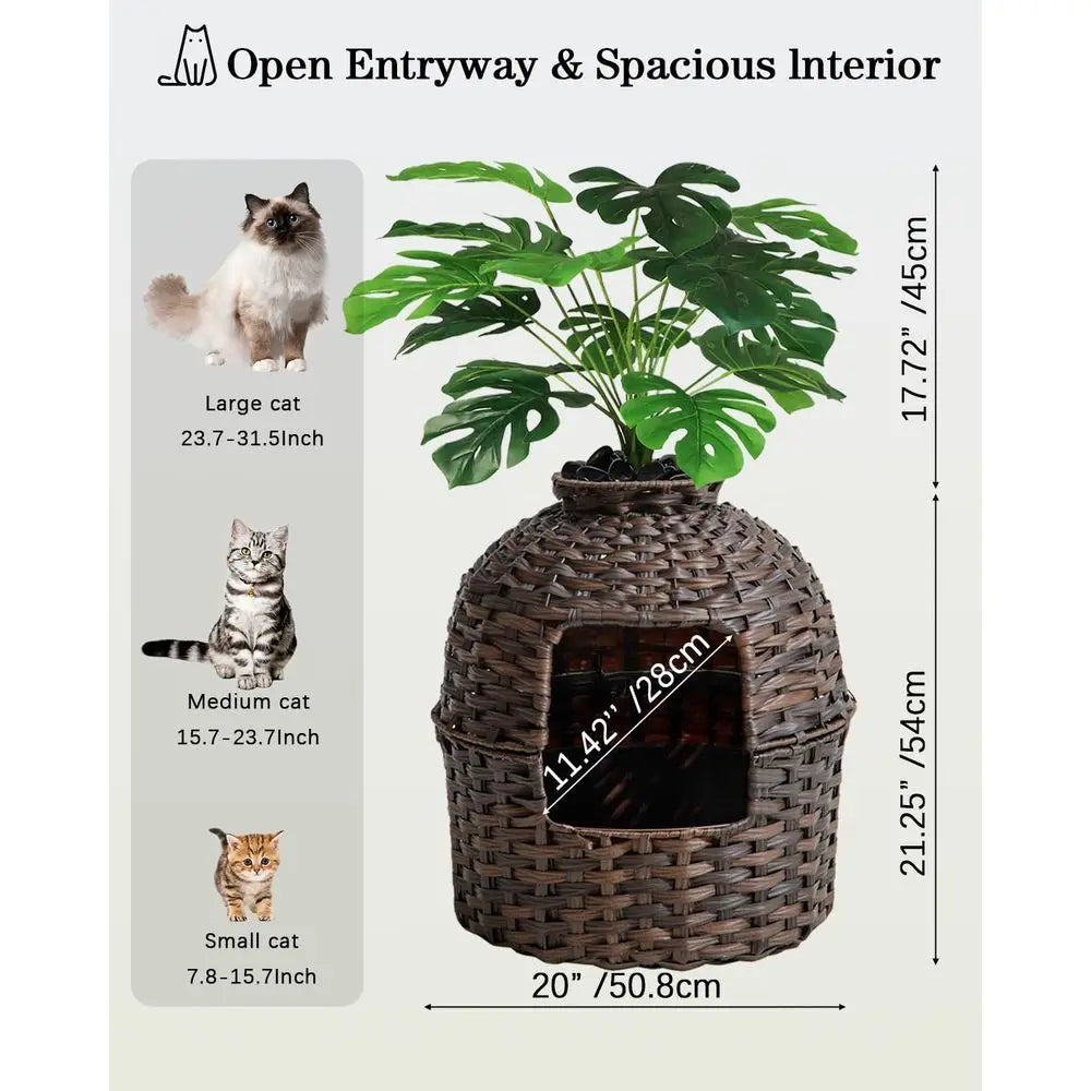 Cat Litter Box Plant urniture Enclosure, Hidden Handwoven Rattan with Cat Litter Box and Artiicial Plants, Odor Control ilter, R