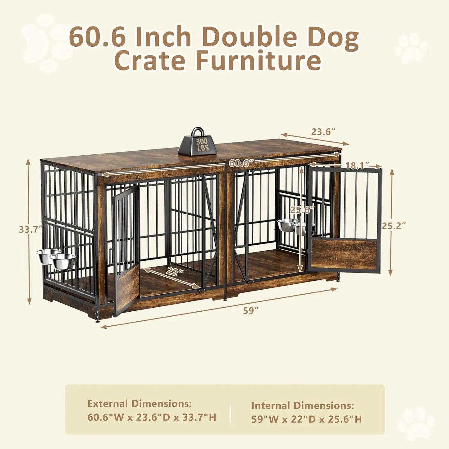 61'' Double Dog Cage Furniture for 2 Dogs, TV Stand Dog Kennel with Adjustable Divider, Heavy Duty Double Dog Crate, Customized