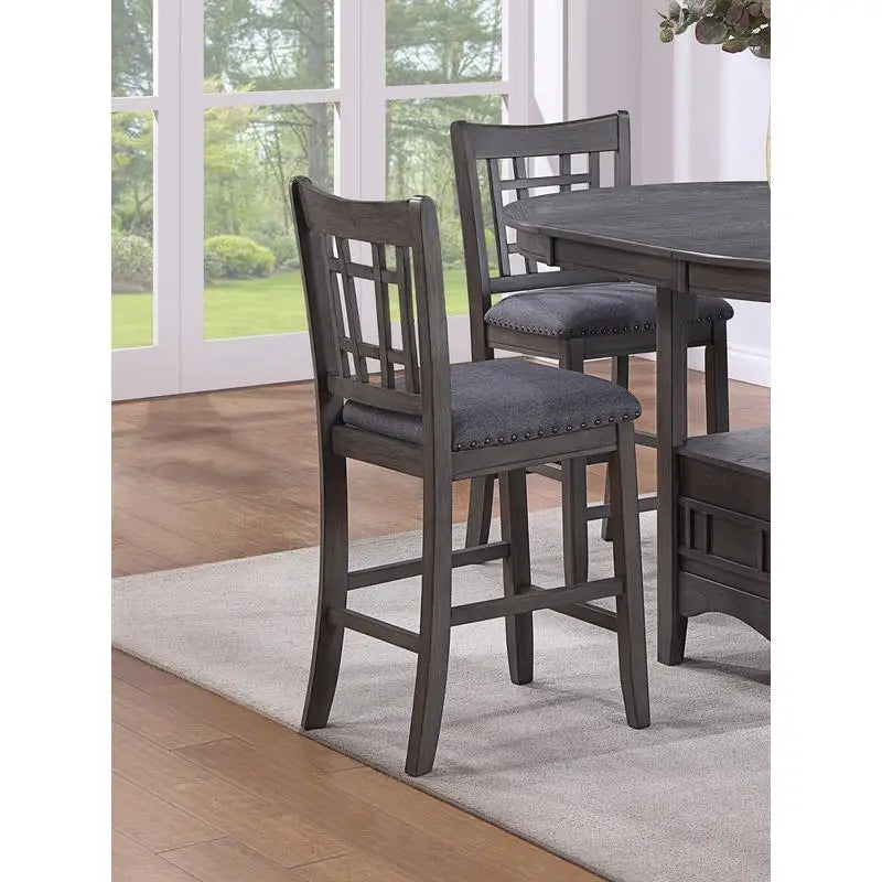 Contemporary 5pc Counter Height Dining Set, Round Table with Leaf & 4 Side Chairs, Gray Finish, Solid Wood