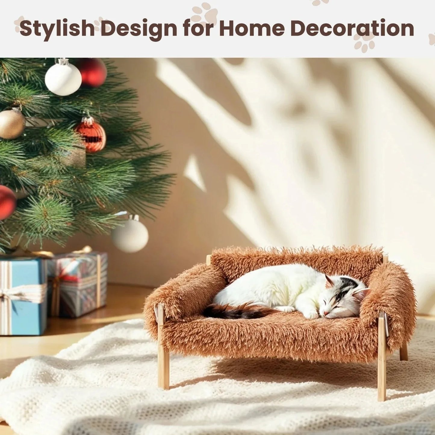 Large Cat Bed Soft Plush Sofa with Sturdy Wooden Legs Raised Design Indoor Kitten Bed Comfortable Soft Couch for Cats