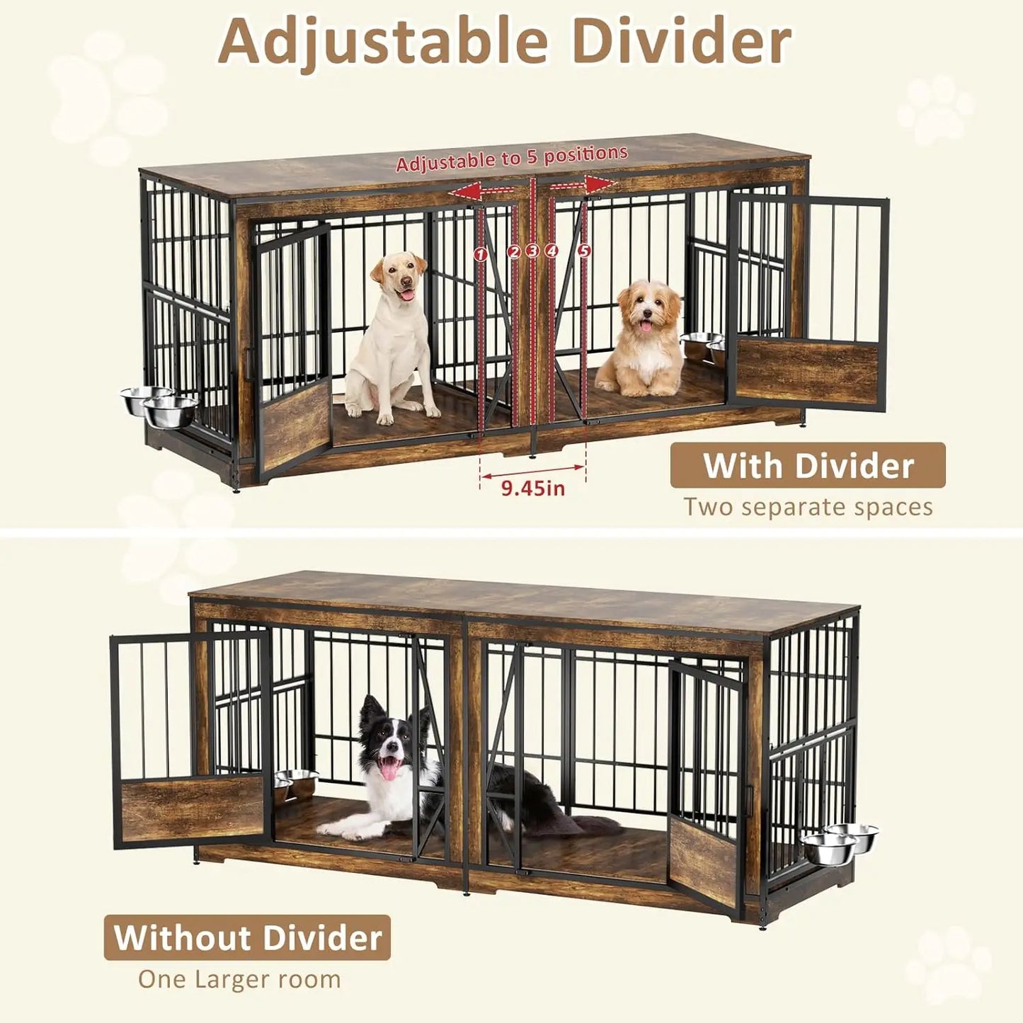 61'' Double Dog Cage Furniture for 2 Dogs, TV Stand Dog Kennel with Adjustable Divider, Heavy Duty Double Dog Crate, Customized