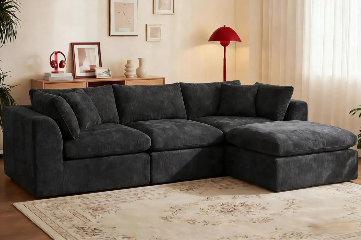 110'' Oversized L Shape Sectional Sofa Ottoman Pillows Chenille Deep Seat Memory Foam 4 Seater Washable Covers Beige Custom