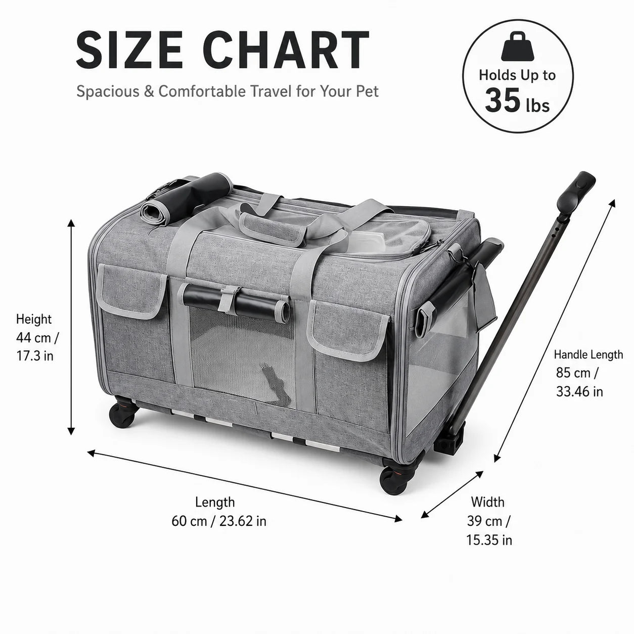 Cat Dog Carrier with Wheels for Travel, Detachable Rolling Pet Bag with Pull Handle and Shoulder Strap, Small Medium Pets