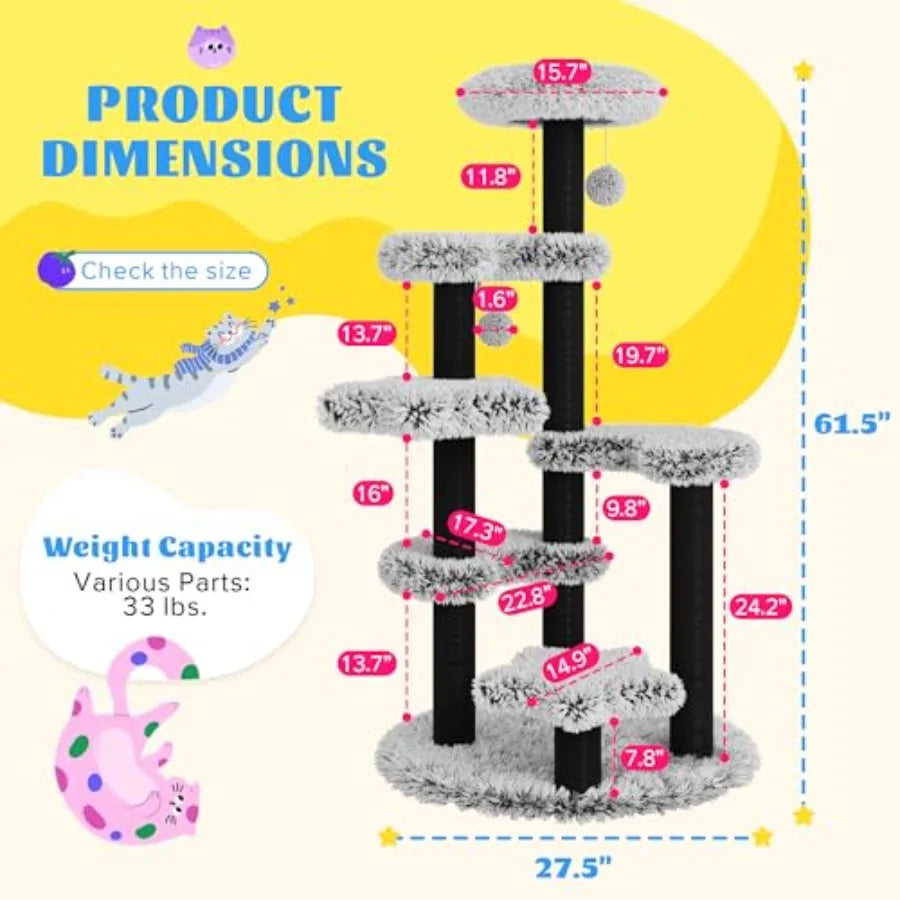 61.5in Cat Tree Tower Multi-Level Activity Center with Cozy Perch Star-Shaped Platform Moon Jumping Board Sisal Scratching Post