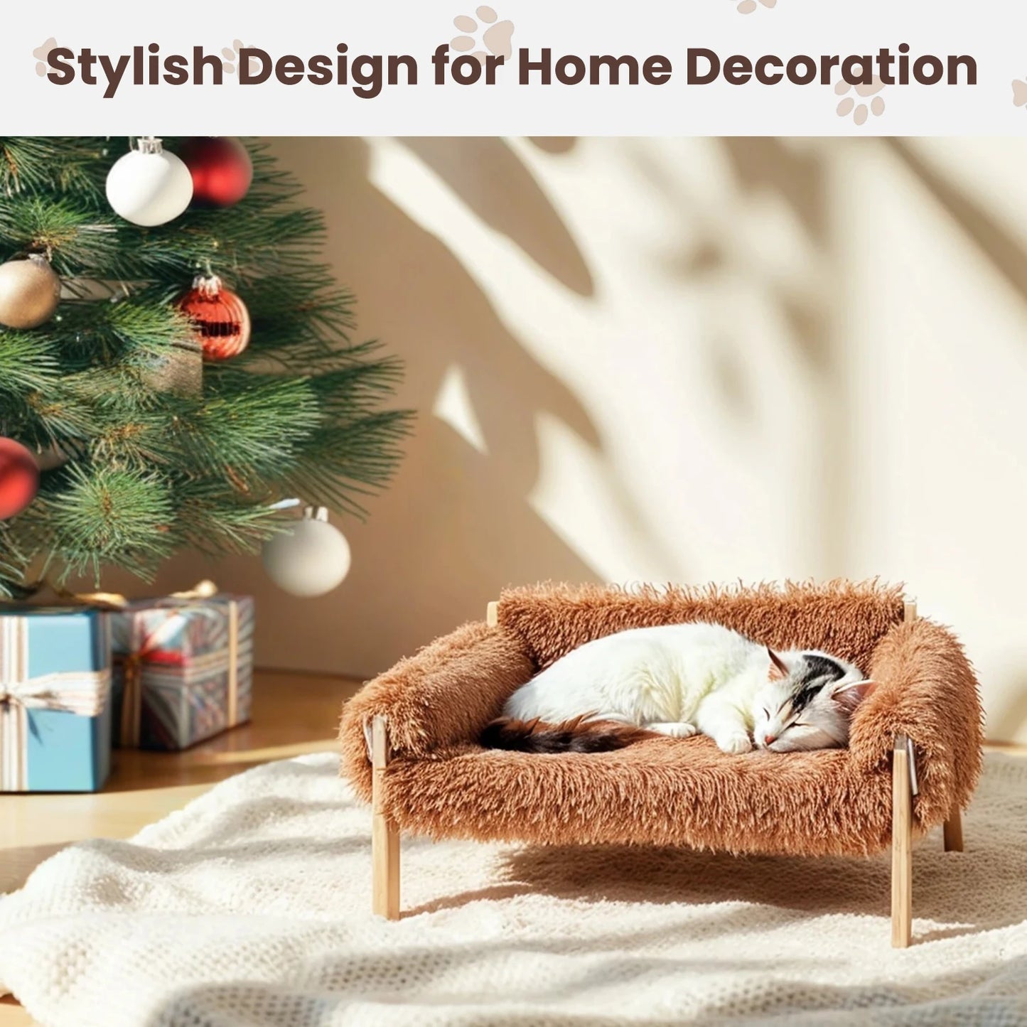 Large Cat Bed Soft Plush Sofa with Sturdy Wooden Legs Raised Design Indoor Kitten Bed Comfortable Soft Couch for Cats