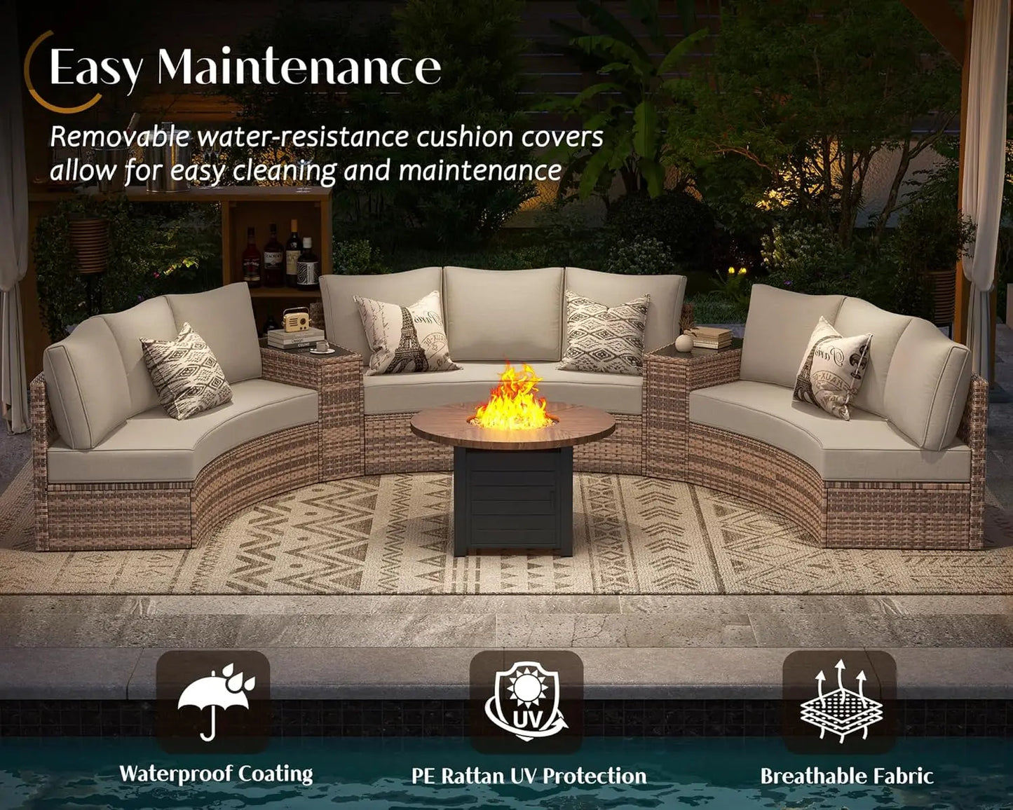 11-Piece Half-Moon Rattan Sectional Sofa Set Wedge Storage Table Waterproof Cushions Patio Garden Pool Balcony Beige Custom
