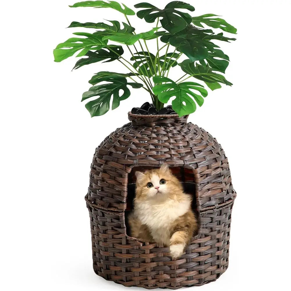 Cat Litter Box Plant urniture Enclosure, Hidden Handwoven Rattan with Cat Litter Box and Artiicial Plants, Odor Control ilter, R