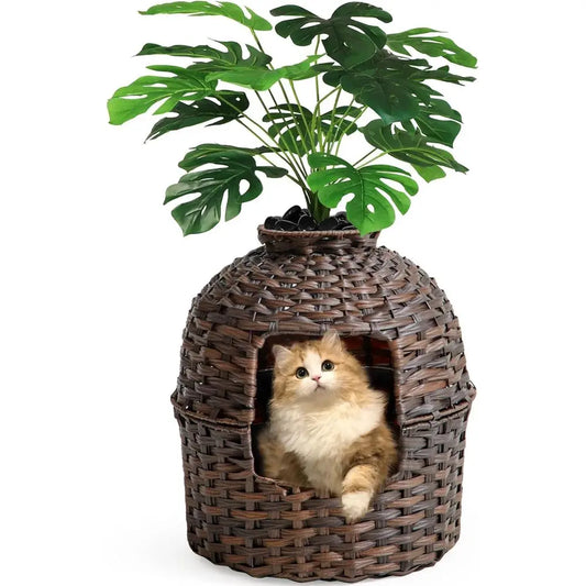 Cat Litter Box Plant urniture Enclosure, Hidden Handwoven Rattan with Cat Litter Box and Artiicial Plants, Odor Control ilter, R