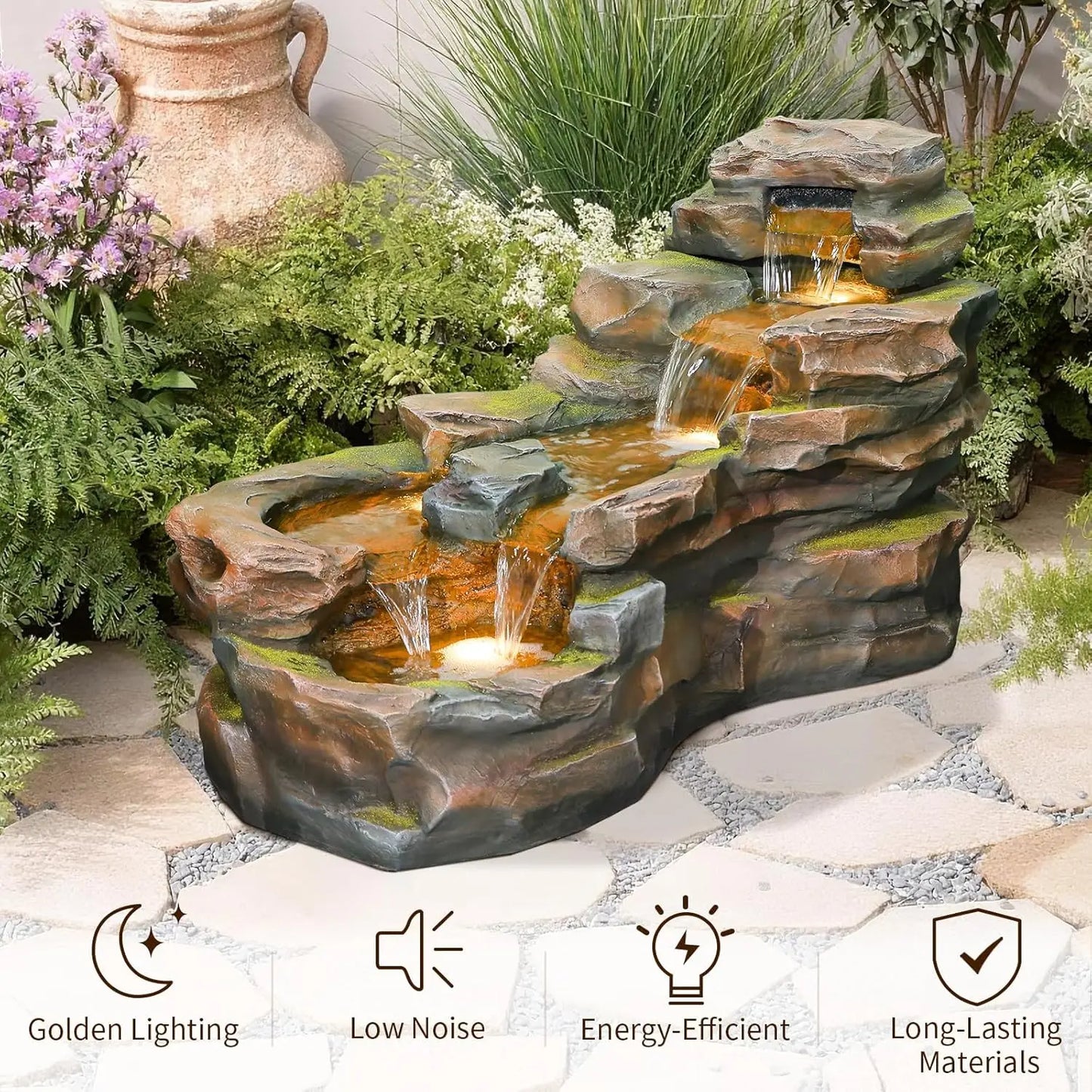 hot-sale productsBestsellerWater Fountain Outdoor Floor Standing 5-Tiers Rock Natural Waterfall Outdoor Garden Fountains with LE