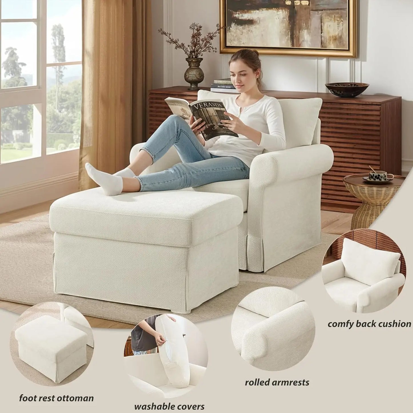 Modern Accent Chairs with Ottoman Set, Comfy Chenille Reading Armchair with Rolled Arms and Cushion Backrest, 35.8", Customized