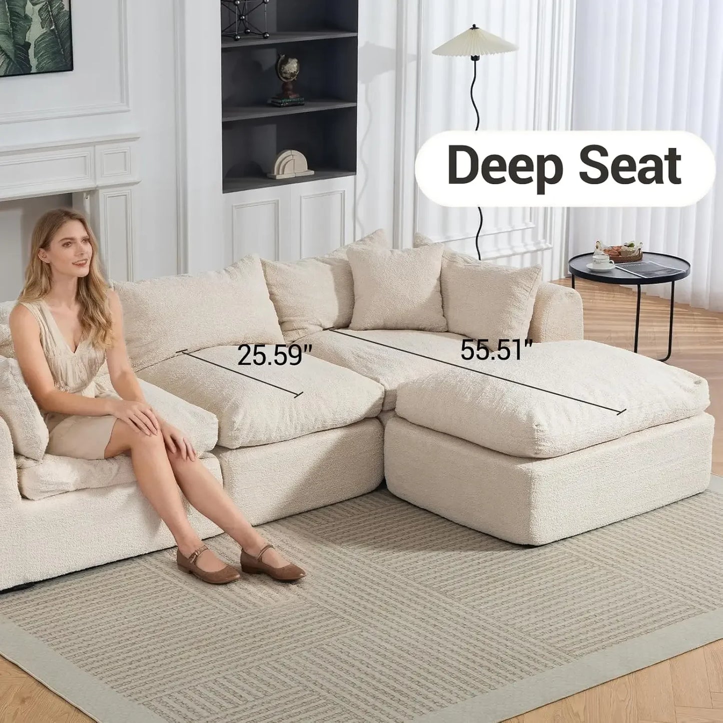 Cloud Boneless 113'' Sofa Couch Deep Seat Modular Sectional with Ottoman Customized Living Room Furniture