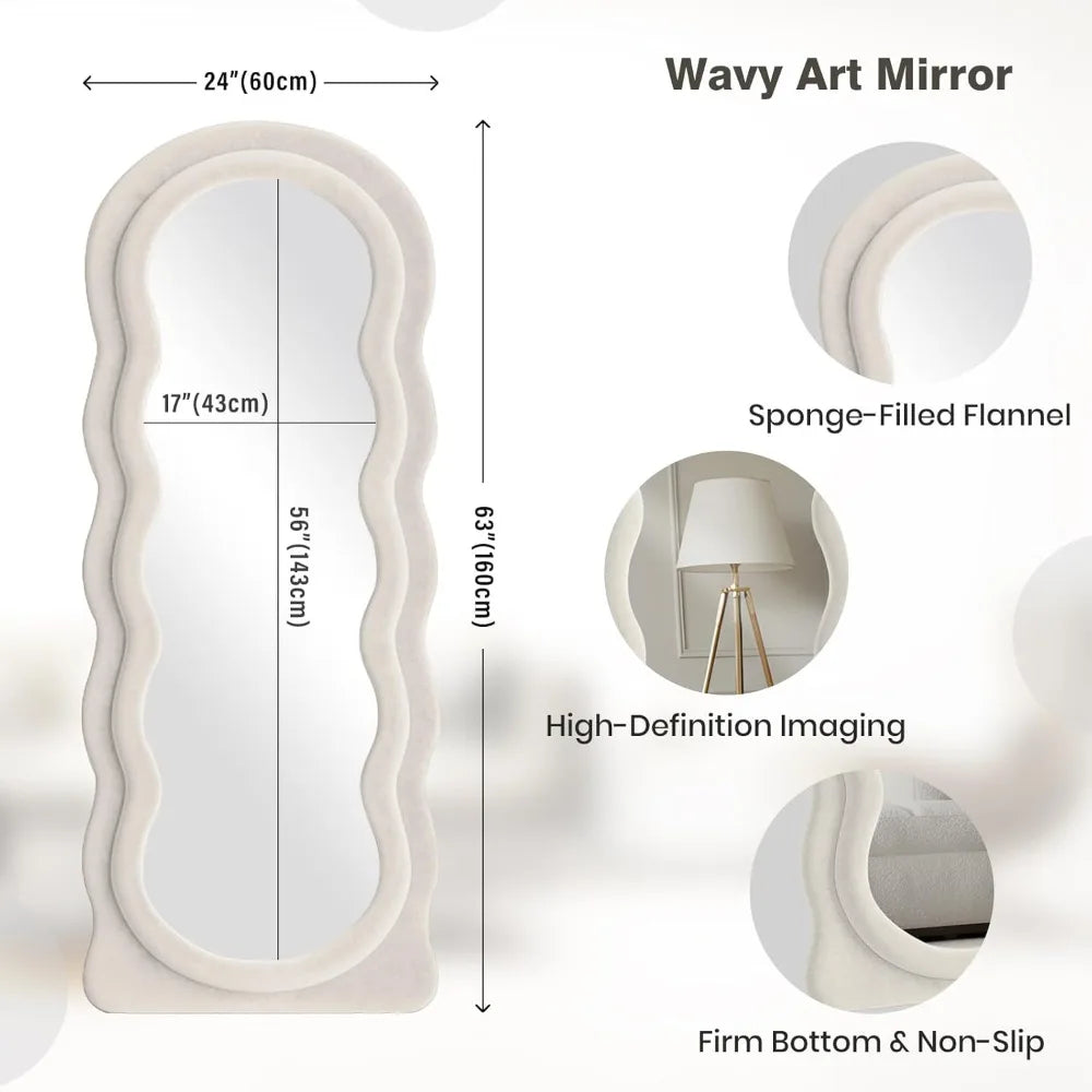 Full Length Mirror 63x24 Arched Wavy Full Body Wall Mounted Floor Mirror with Stand Ivory Flannel Frame Leaning Hanging