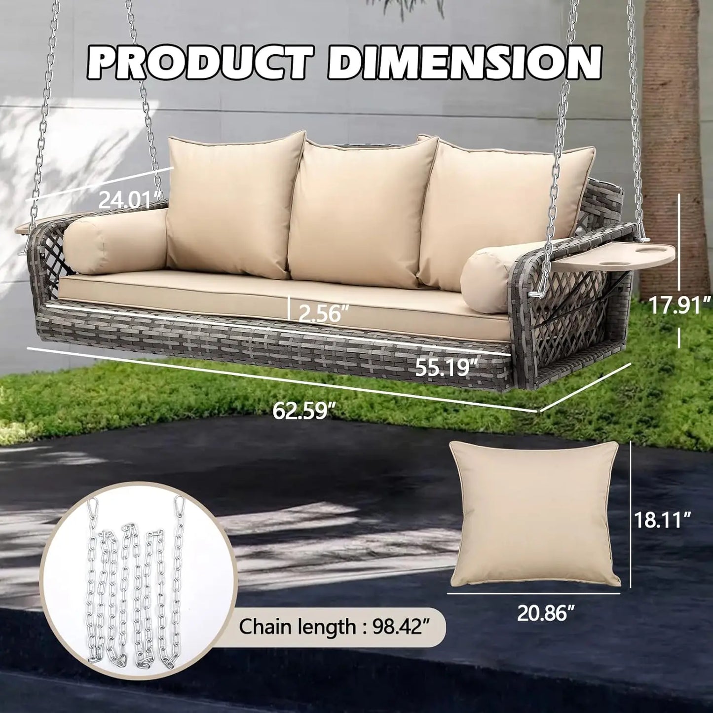 3-Seats Wicker Hanging Porch Swing, Outdoor Patio Swing Chair with 3 Cushions & 2 Armrest Cushions, Rattan Bench, Customized