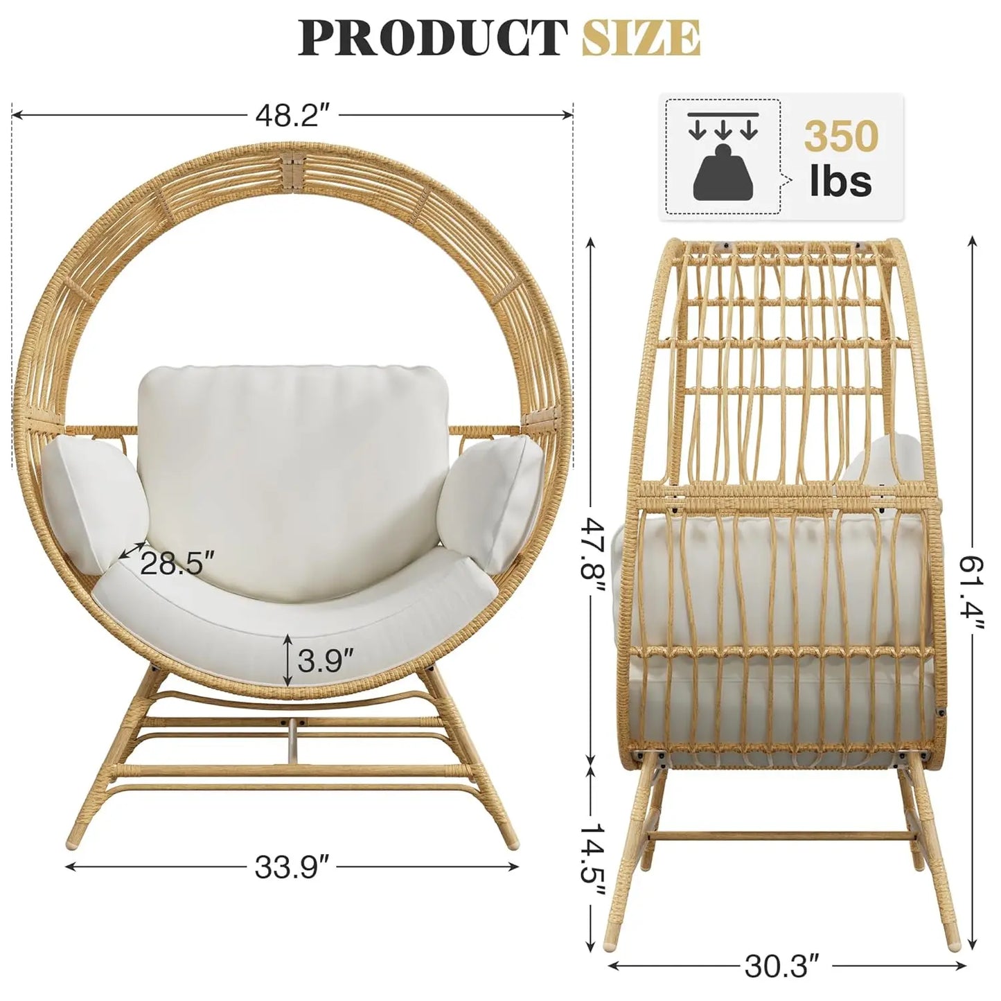 Oversized Egg Chair Indoor/Outdoor Rattan Hanging Basket Chair with Thickened Cushion Supports 350LBS – Wicker, Customized