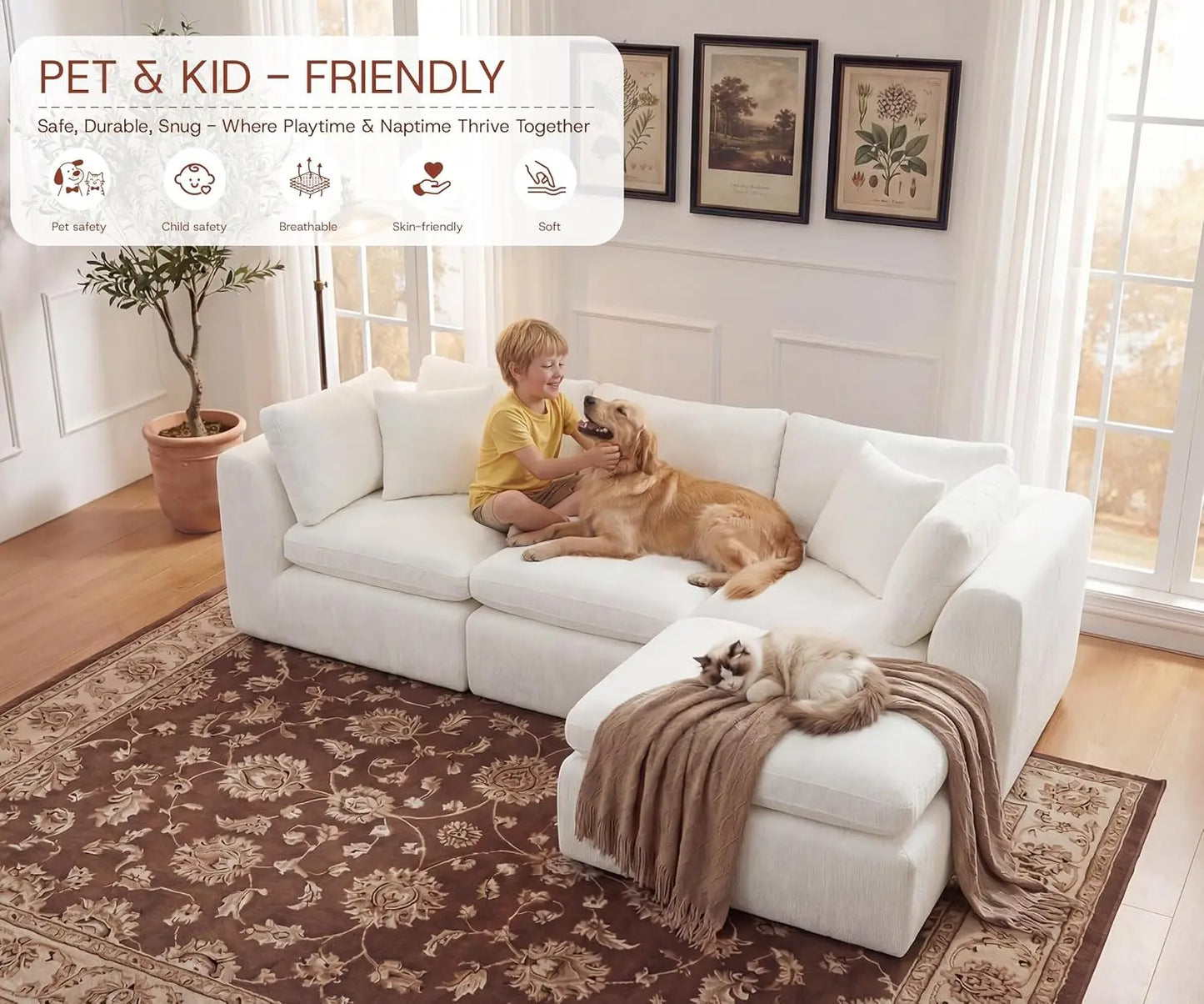 110'' Oversized L Shape Sectional Sofa Ottoman Pillows Chenille Deep Seat Memory Foam 4 Seater Washable Covers Beige Custom