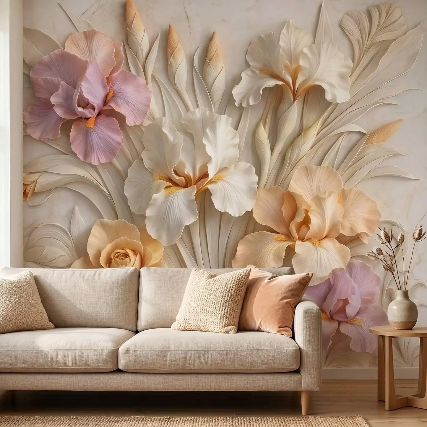 Elegant Large Floral Wall Mural Tapestry Wallpaper Botanical Lily Orchid Design Luxury Beige Room Decor Accent Piece
