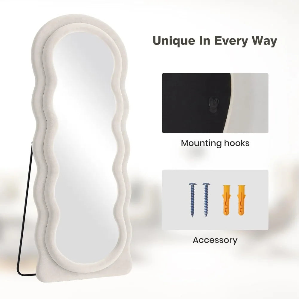 Full Length Mirror 63x24 Arched Wavy Full Body Wall Mounted Floor Mirror with Stand Ivory Flannel Frame Leaning Hanging