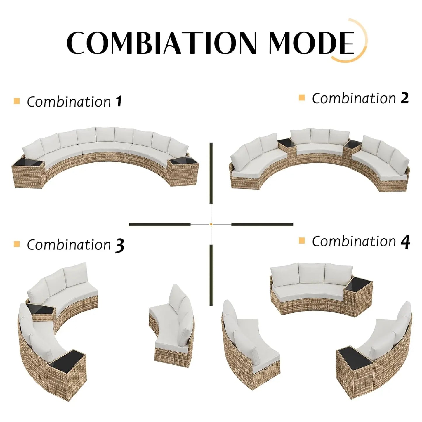 11-Piece Half-Moon Rattan Sectional Sofa Set Wedge Storage Table Waterproof Cushions Patio Garden Pool Balcony Beige Custom