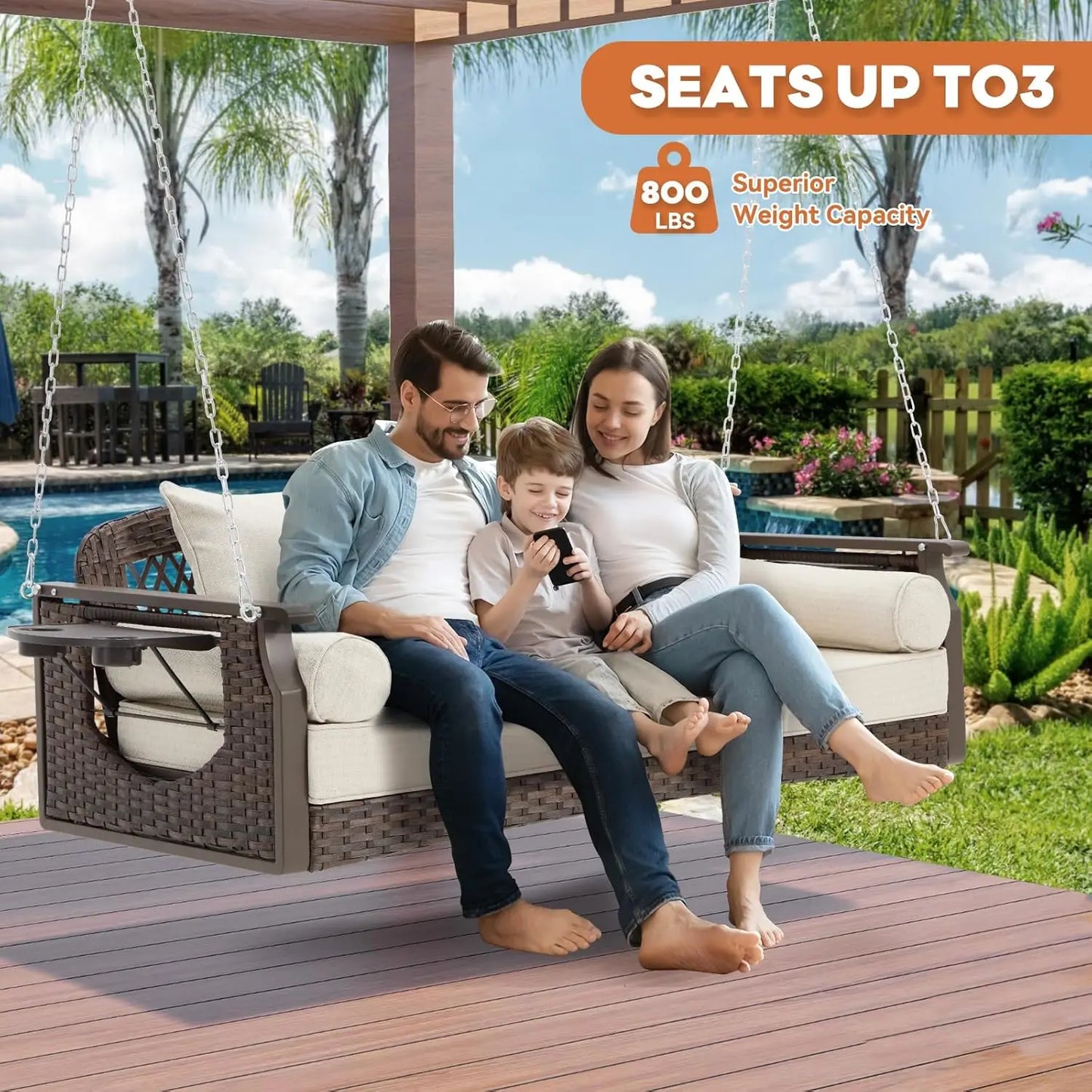 3 Seat Porch Swing, Wicker Patio Swing with Cup Holders & 3 Back Cushions, Yard Swing with Chains for Deck Garden, Customized