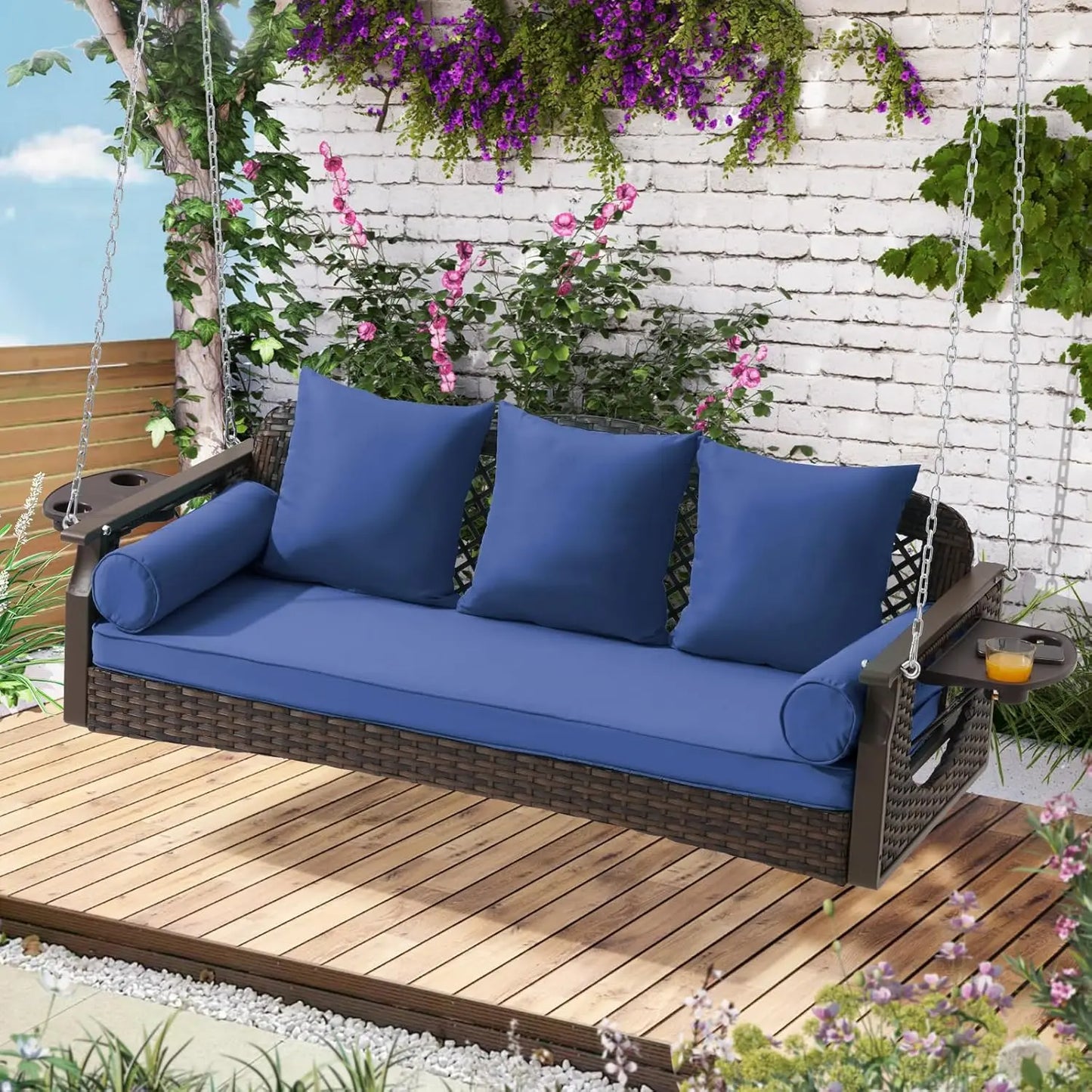 3 Seat Porch Swing, Wicker Patio Swing with Cup Holders & 3 Back Cushions, Yard Swing with Chains for Deck Garden, Customized