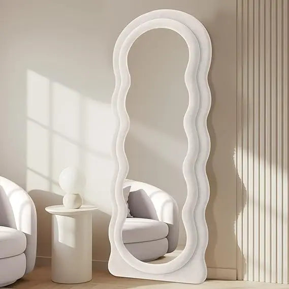 Full Length Mirror 63x24 Arched Wavy Full Body Wall Mounted Floor Mirror with Stand Ivory Flannel Frame Leaning Hanging