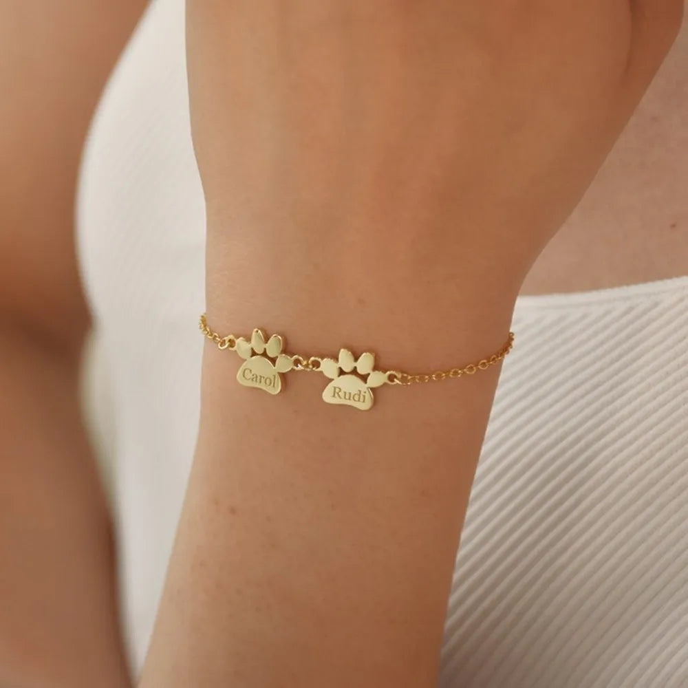 Custom Dog Cat Paw Print Name Bracelets For Women Girl Personalized Engraved Animal Nameplate Pulseras Dog Keepsake Jewelry