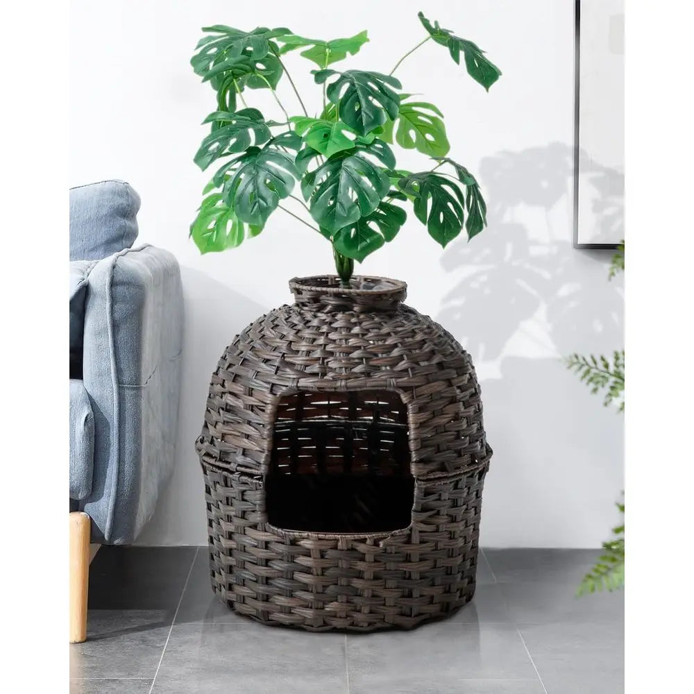 Cat Litter Box Plant urniture Enclosure, Hidden Handwoven Rattan with Cat Litter Box and Artiicial Plants, Odor Control ilter, R