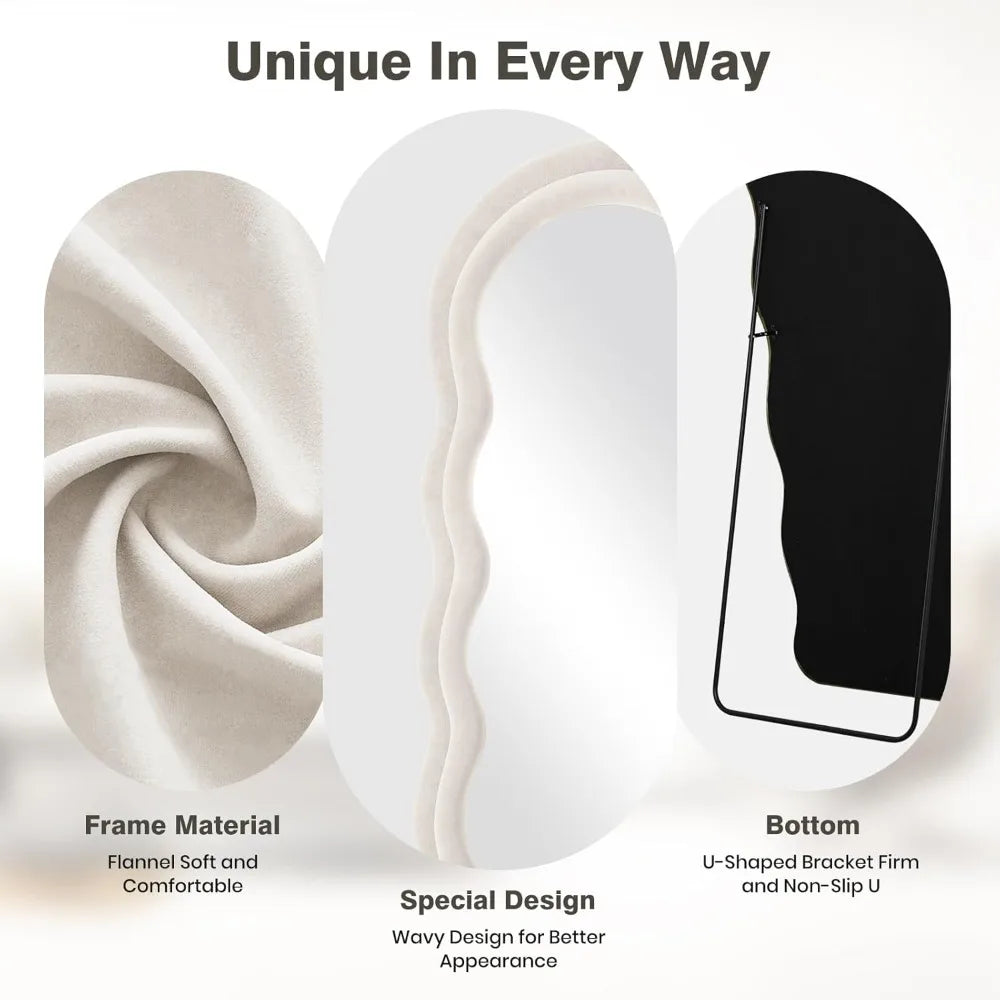 Full Length Mirror 63x24 Arched Wavy Full Body Wall Mounted Floor Mirror with Stand Ivory Flannel Frame Leaning Hanging