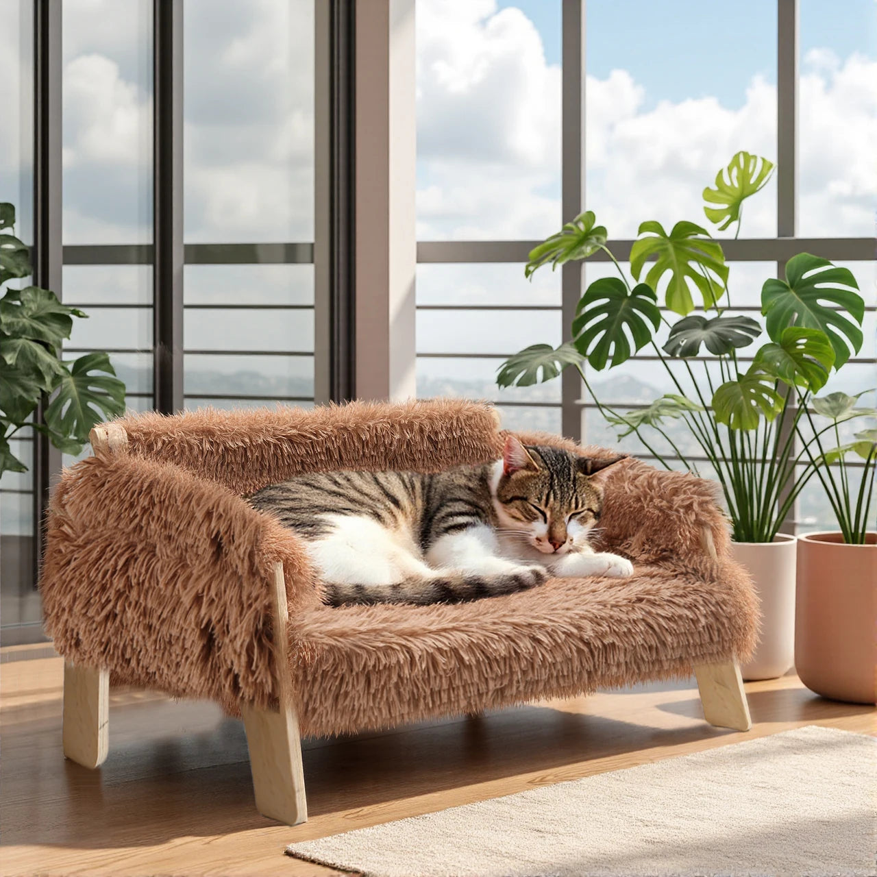 Large Cat Bed Soft Plush Sofa with Sturdy Wooden Legs Raised Design Indoor Kitten Bed Comfortable Soft Couch for Cats