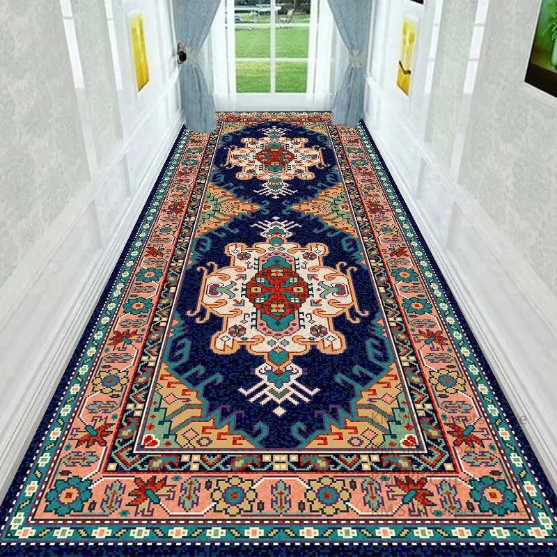 Retro Persian Style Long Runner Corridor Carpet Light Luxury Bohemia Decoration Hall Aisle Rug Non-slip Lobby Stairway Floor Mat