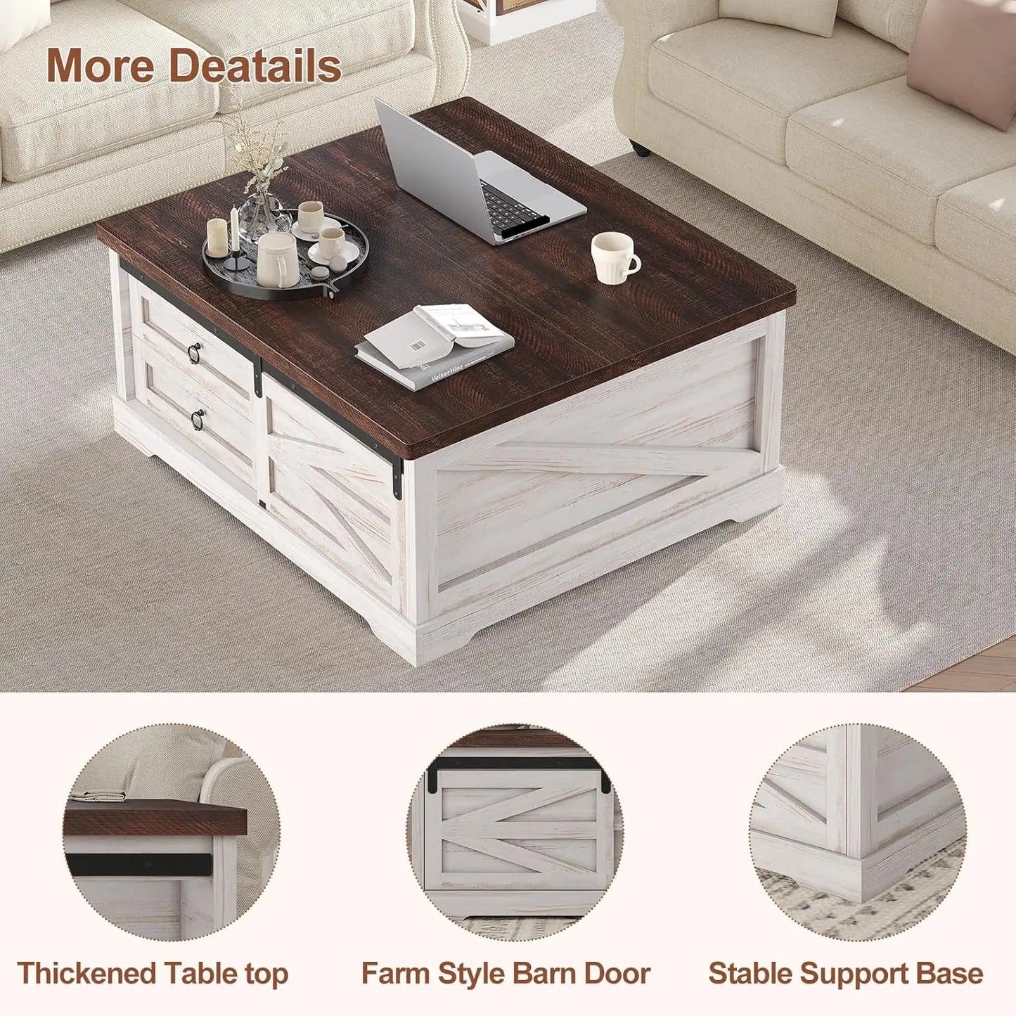 39.4'' Lift Top Coffee Table with Storage, Farmhouse Coffee Tables for Living Room, Square Coffee Table with Large, Customized