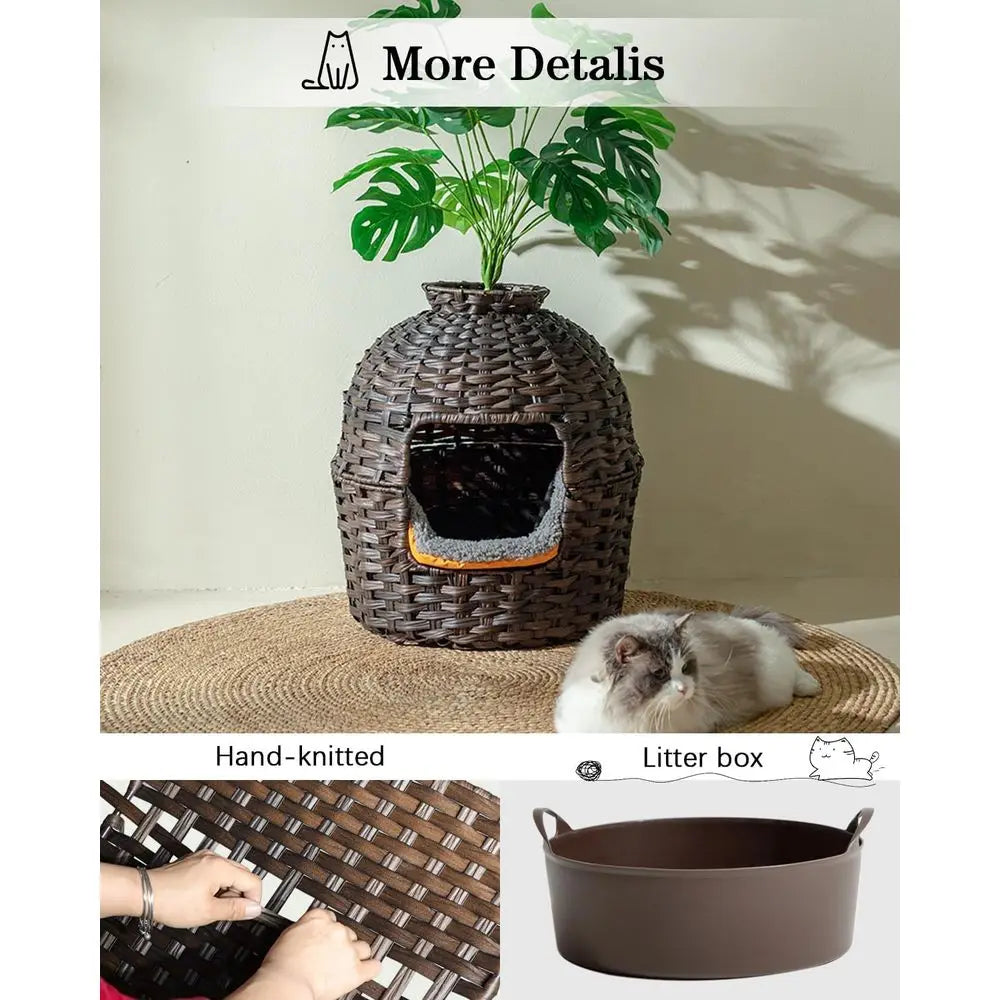 Cat Litter Box Plant urniture Enclosure, Hidden Handwoven Rattan with Cat Litter Box and Artiicial Plants, Odor Control ilter, R