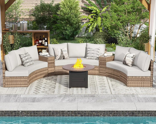 11-Piece Half-Moon Rattan Sectional Sofa Set Wedge Storage Table Waterproof Cushions Patio Garden Pool Balcony Beige Custom
