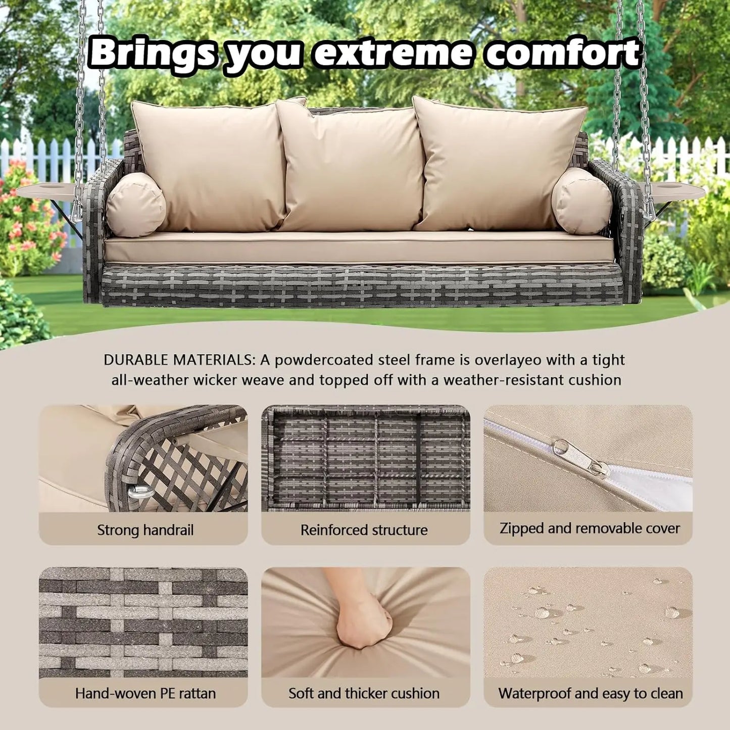 3-Seats Wicker Hanging Porch Swing, Outdoor Patio Swing Chair with 3 Cushions & 2 Armrest Cushions, Rattan Bench, Customized