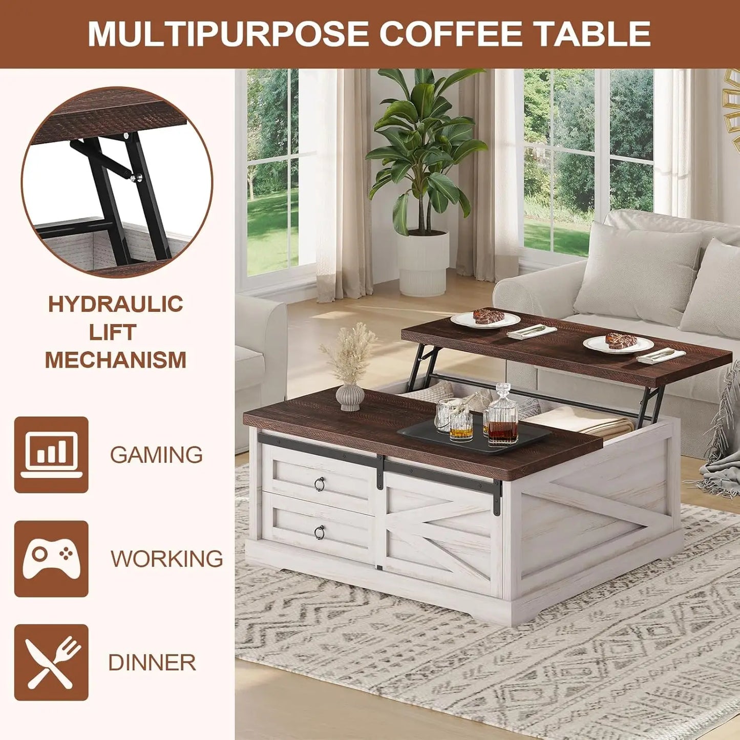 39.4'' Lift Top Coffee Table with Storage, Farmhouse Coffee Tables for Living Room, Square Coffee Table with Large, Customized