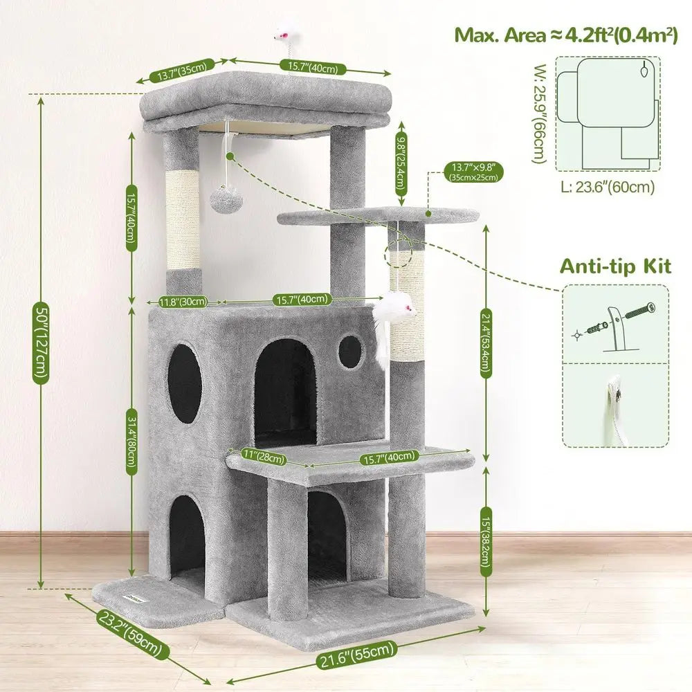 GloCat Tree Tower or Indoor Cats, 50-inch Adult Cat Tree House or Large Adult Cats with Steps, Scratching Post, 2 Cat Caves, Dan