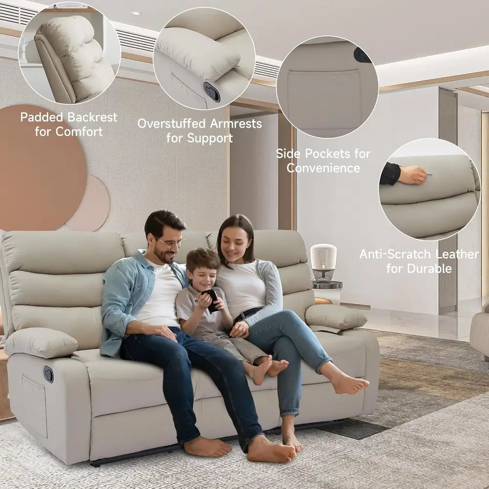 3-Seater Beige Manual Recliner Sofa Set for Living Room, Home Theater, or RV