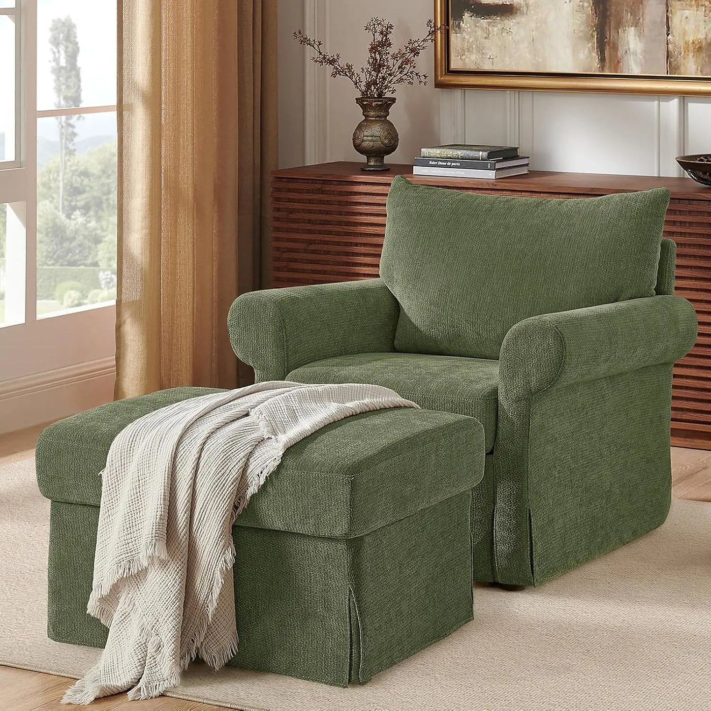Modern Accent Chairs with Ottoman Set, Comfy Chenille Reading Armchair with Rolled Arms and Cushion Backrest, 35.8", Customized