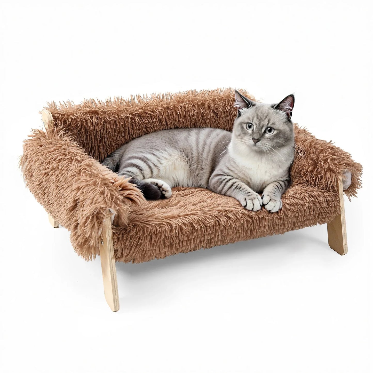 Large Cat Bed Soft Plush Sofa with Sturdy Wooden Legs Raised Design Indoor Kitten Bed Comfortable Soft Couch for Cats