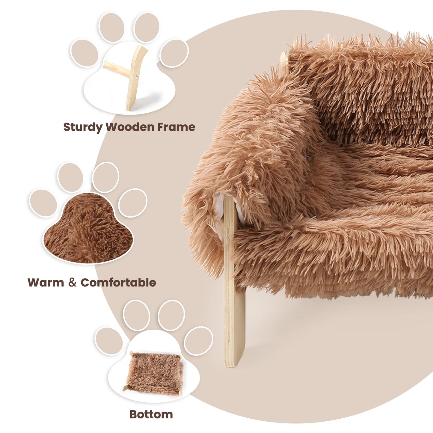 Large Cat Bed Soft Plush Sofa with Sturdy Wooden Legs Raised Design Indoor Kitten Bed Comfortable Soft Couch for Cats