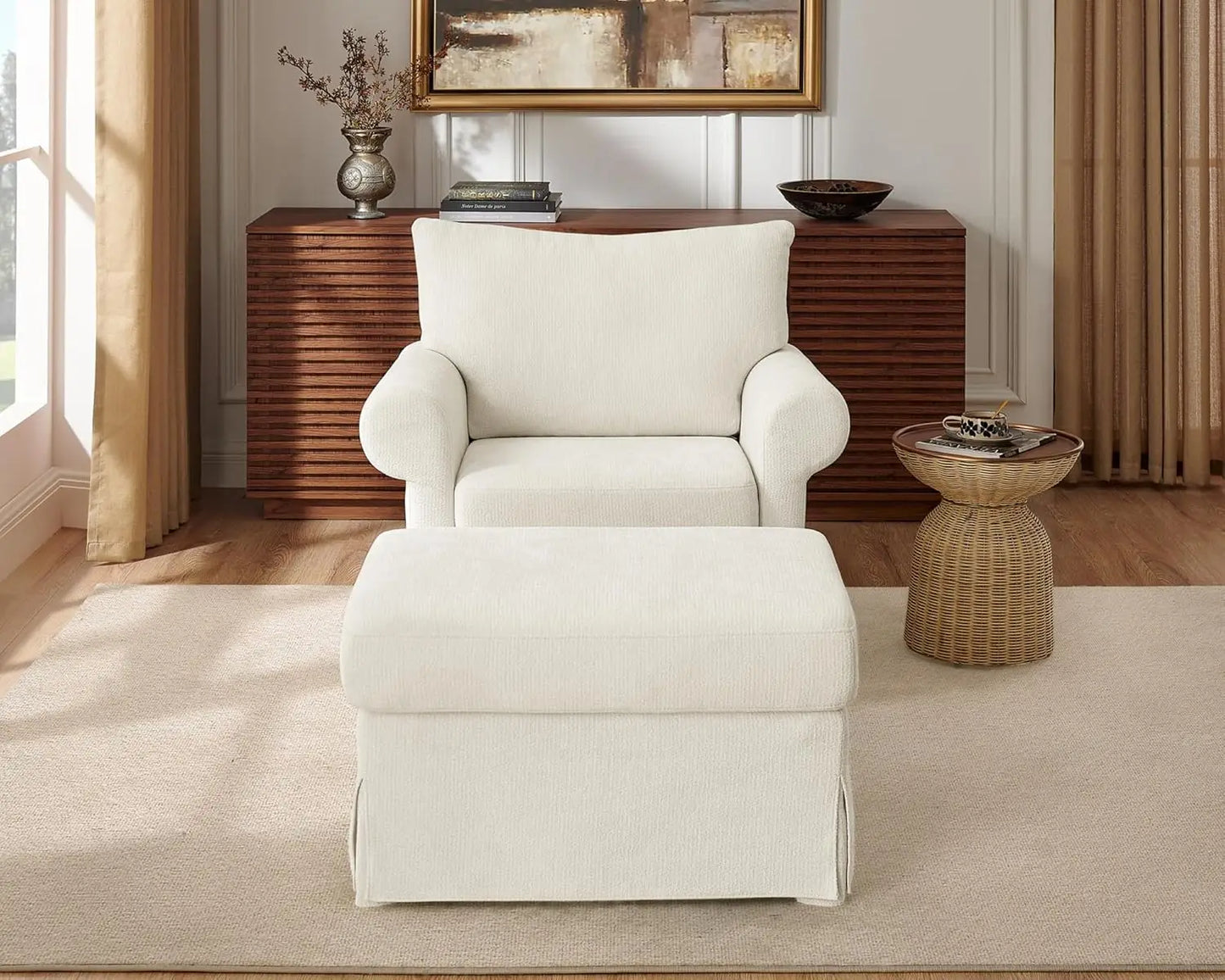 Modern Accent Chairs with Ottoman Set, Comfy Chenille Reading Armchair with Rolled Arms and Cushion Backrest, 35.8", Customized